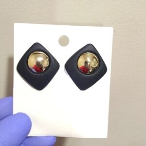 Women's Polished Silver tone Circle on Black Rectangular Shape Stud Earrings, 1"